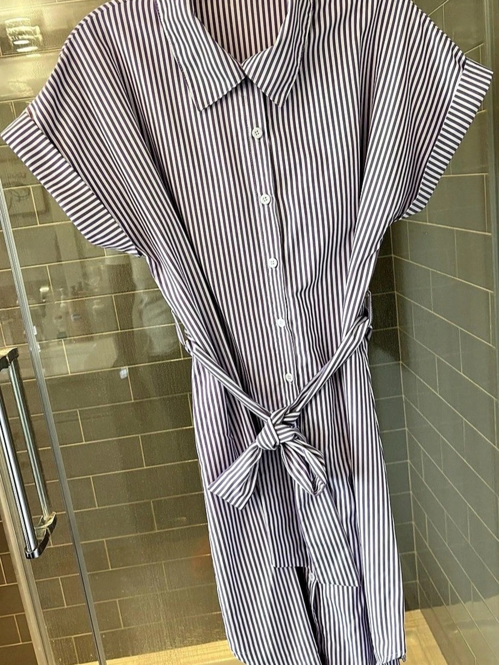 Striped Tie-Waist Midi Dress in Purple & White Like New